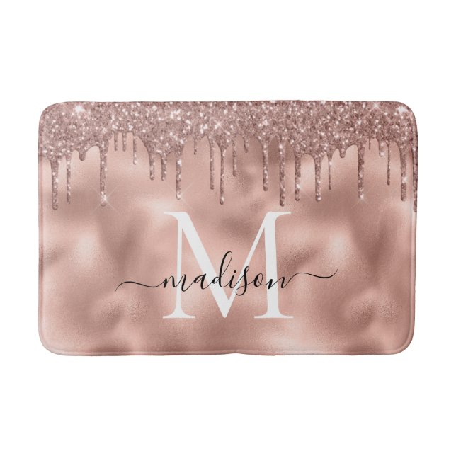 Tapis De Bain Rose métallique Monogramme or Parties scintillant  (Devant)