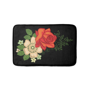 Tapis De Bain Rose rouge et marguerites Arrière - plan noir