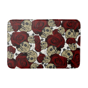 Tapis De Bain Roses Rouges & Crânes Fleuris Gothique Noir Blanc
