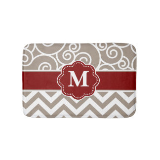 Tapis de bain rouge beige de monogramme de Chevron