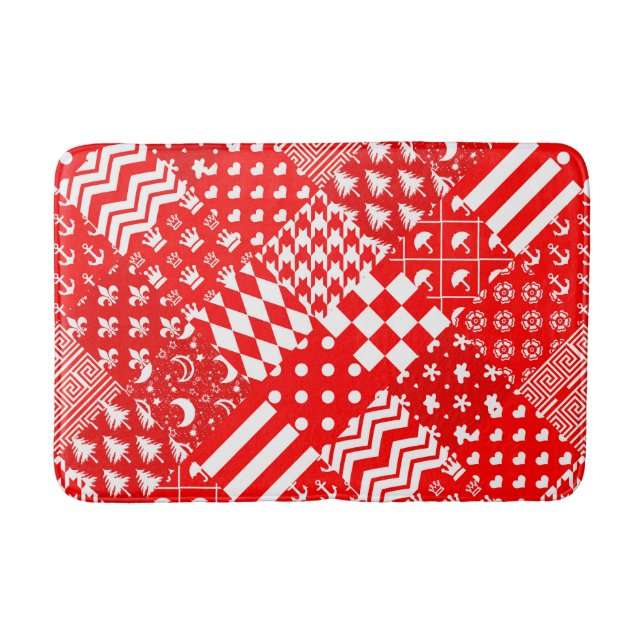 Tapis De Bain Rouge blanc Mixte Motif Patchwork Design (Devant)