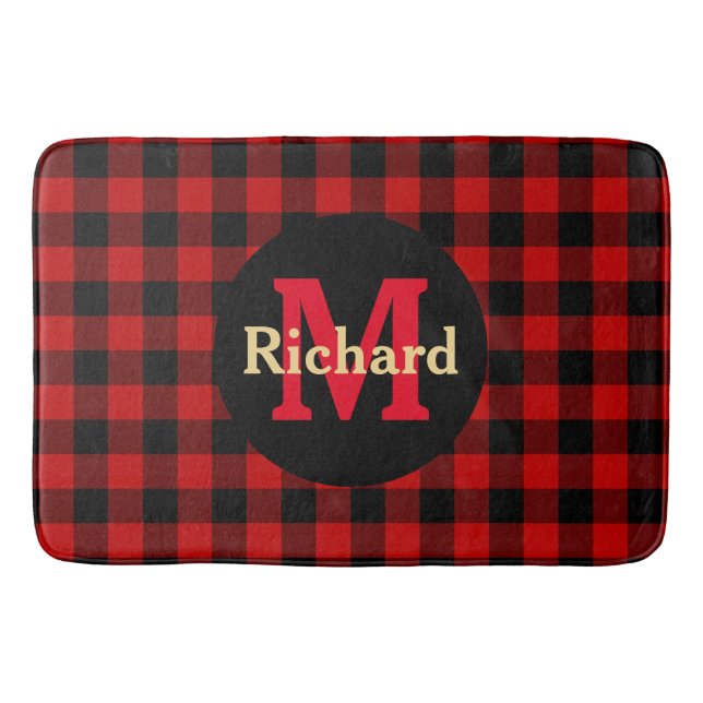 Tapis De Bain Rouge et Noir Carreaux Monogramme et Nom (Devant)