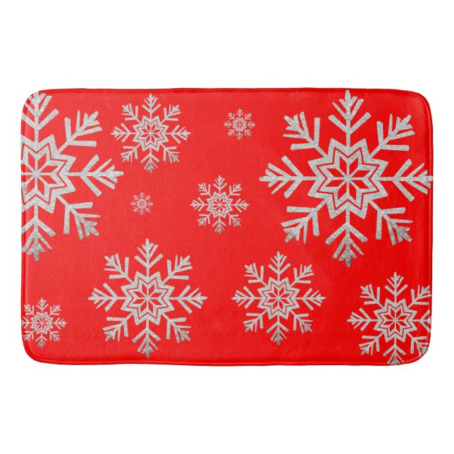 Tapis De Bain Rouge Faux Parties scintillant en argent Snowflake (Devant)