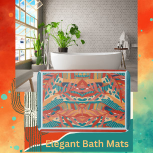 Tapis De Bain Rouge Feuille tropical, Turquoise orange