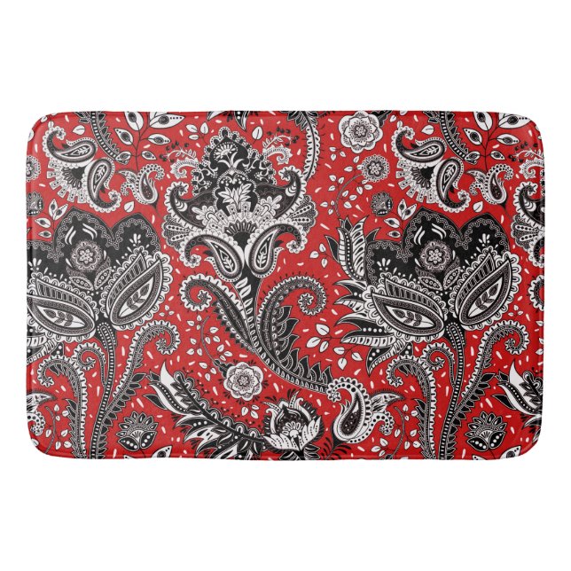 Tapis De Bain Rouge noir et blanc Floral Paisley Bohemian Boho (Devant)