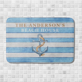 Tapis De Bain Rustic Family Beach House Stripes Nautiques