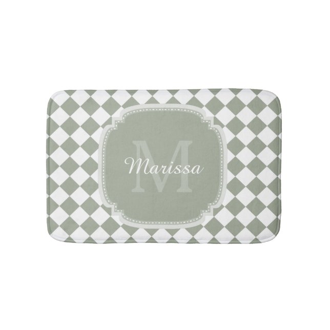Tapis De Bain Sage vert tendance Vérifié Nom Monogrammé (Devant)