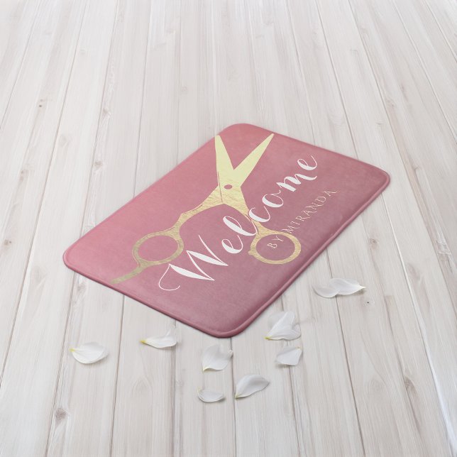 Tapis De Bain Salon de maquillage moderne ciseaux d'or rose (Créateur téléchargé)