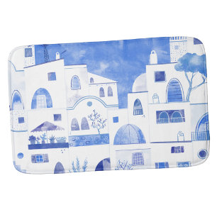 Tapis De Bain Santorin île grecque à l'aquarelle moderne