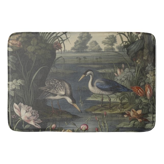 Tapis De Bain Scène botanique de grue bleue près d'une rivière (Devant)