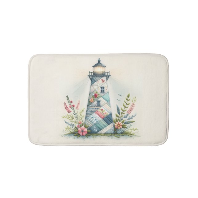 Tapis De Bain Scène florale côtière du phare patchwork (Devant)