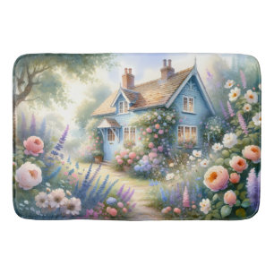Tapis De Bain Scène florale de maison bleue de jardin de campagn