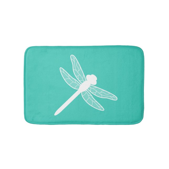 Tapis De Bain Silhouette de libellule blanche sur Turquoise (Devant)