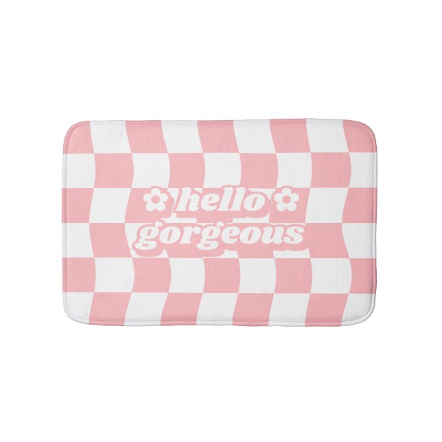 Tapis De Bain Slogan en damier blanc rose-pastel (Devant)
