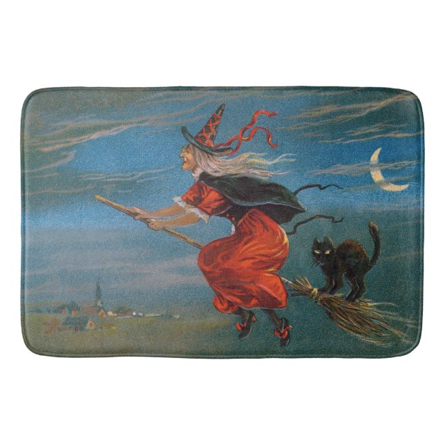 Tapis De Bain Sorcière volant avec chat noir la nuit d'Halloween (Devant)