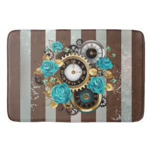 Tapis De Bain Steampunk Clock and Turquoise Roses on Striped