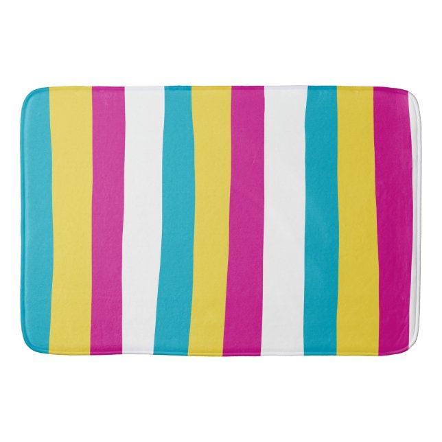 Tapis De Bain Stripes inégales - Turquoise, Jaune, Rose et Blanc (Devant)