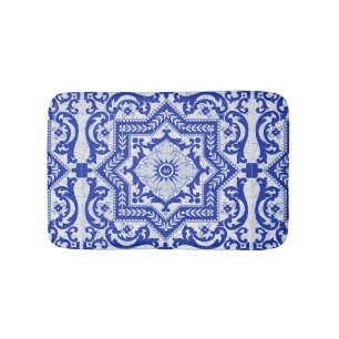 Tapis De Bain Style azulejo en céramique craquée bleue Azulejo V