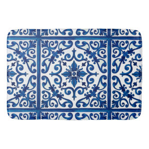Tapis De Bain style italien, méditerranéen, mosaïque, bleu,