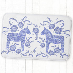 Tapis De Bain Swedish Dala Horse Indigo Blue and White Bath Mat