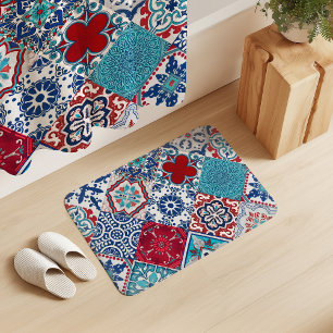 Tapis De Bain Talavera Tles Turquoise Denim Bleu Rouge Blanc