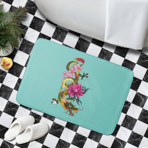 Tapis De Bain Tatouage de dragon chinois vert bold lotus sarcell