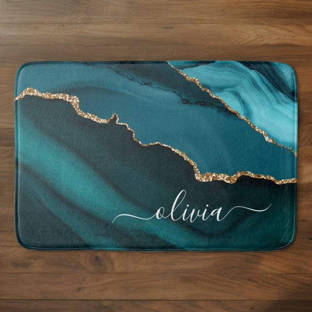 Tapis De Bain Teal Aqua Bleu Vert Agate Géode Or Monogramme (Créateur téléchargé)