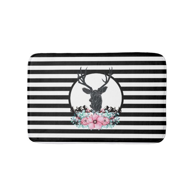 Tapis De Bain Tête de cerf noir avec Fleurs et Montagnes roses (Devant)