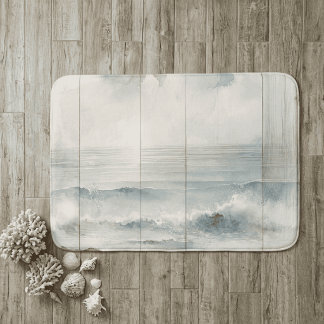 Tapis De Bain Texture de bois rustique océan pastel aquarelle