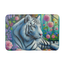 Tigre blanc en Forêt avec Fleurs Turquoise rose co
