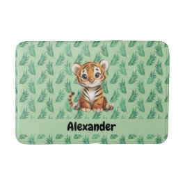 Tapis De Bain Tigre de dessin mignon sur Feuilles tropicaux