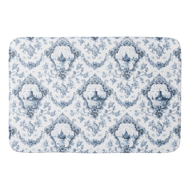 Tapis De Bain Toile florale gravée avec moulin à vent et bateaux (Devant)