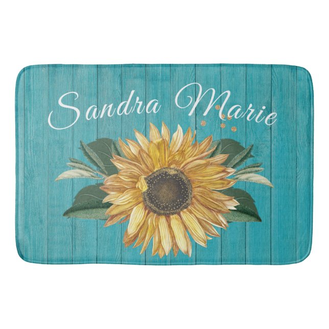 Tapis De Bain Tournesol jaune doré rustique Bois Turquoise | (Devant)