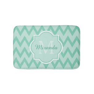 Tapis De Bain Trendy Mint Green Chevron Zigzag Nom et Monogramme