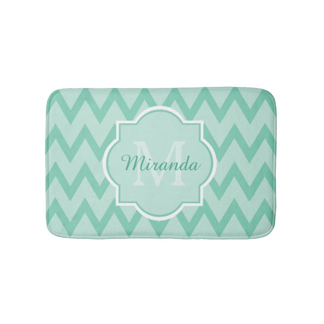 Tapis De Bain Trendy Mint Green Chevron Zigzag Nom et Monogramme (Devant)