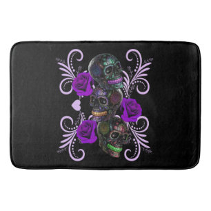 Tapis De Bain Triple Jour Noir Des Crânes Morts Roses Violets