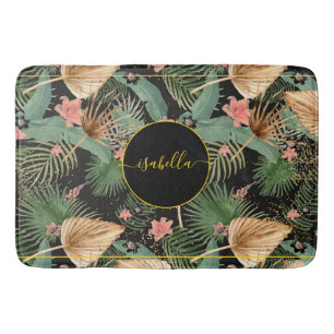 Tapis De Bain Tropical Green Palm Feuilles Monogramme Black Bath