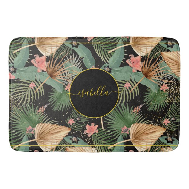 Tapis De Bain Tropical Green Palm Feuilles Monogramme Black Bath (Devant)