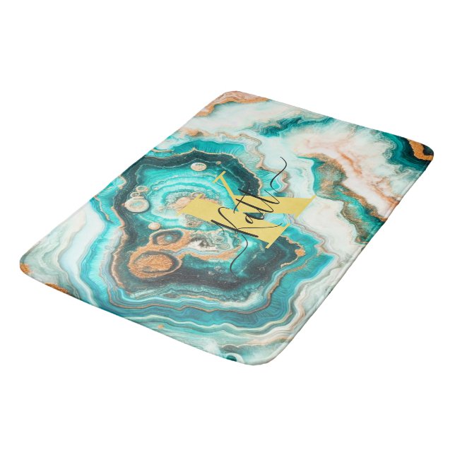 Tapis De Bain Turquoise Aqua Agate Golden Custom Monogramme mode (Angle)
