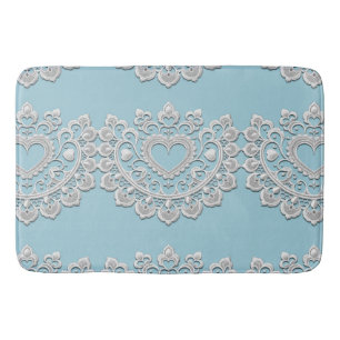 Tapis De Bain Turquoise Bleu Blanc dentelle Coeur Mariage