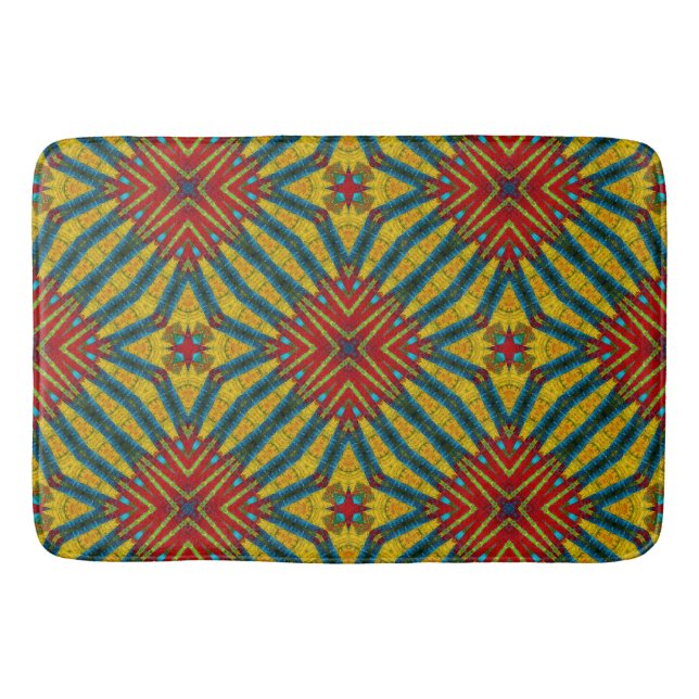 Tapis De Bain Turquoise jaune et rouge Abstrait imprimé ethnique (Devant)