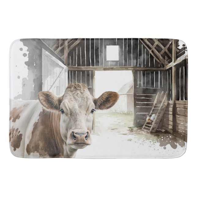 Tapis De Bain Vache Hereford et coq en Grange (Devant)