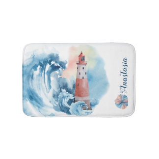 Tapis De Bain Vague phare aquarelle