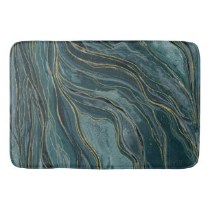 Tapis De Bain Vagues aquarelles abstraites bleu sarcelle or
