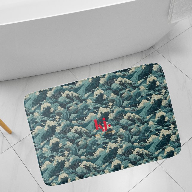 Tapis De Bain Vagues japonaises de Seigaiha | Monogramme (Créateur téléchargé)