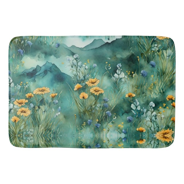 Tapis De Bain Vert doux paysage aquarelle fleurs sauvages (Devant)
