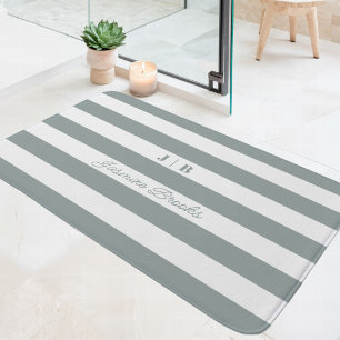 Tapis De Bain Vert sauge et larges rayures blanches Monogramme N