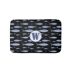 Tapis De Bain Vie marine du requin Monogramme d'aquarelle bleu m