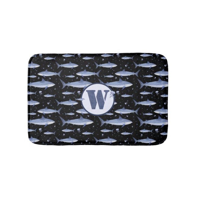 Tapis De Bain Vie marine du requin Monogramme d'aquarelle bleu m (Devant)
