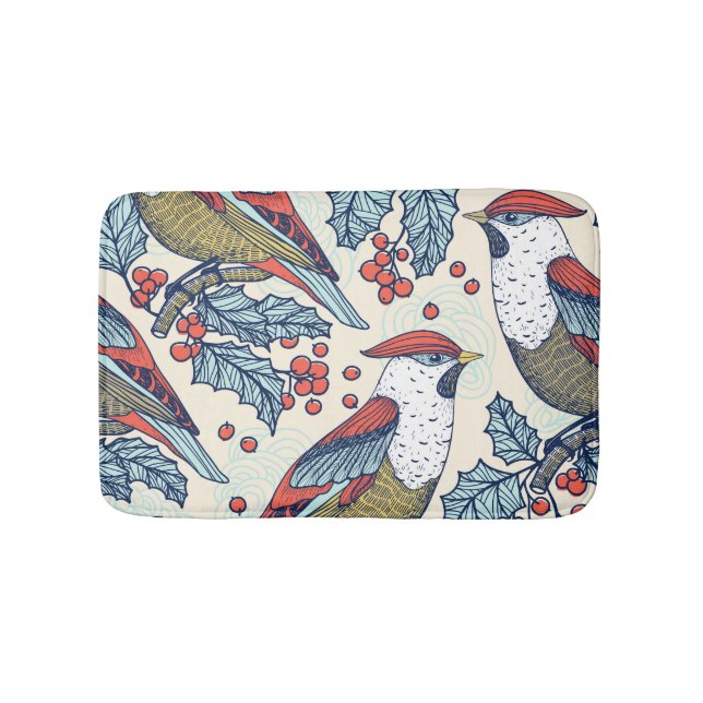 Tapis De Bain Vintage Waxwings Holly Motif de Noël (Devant)